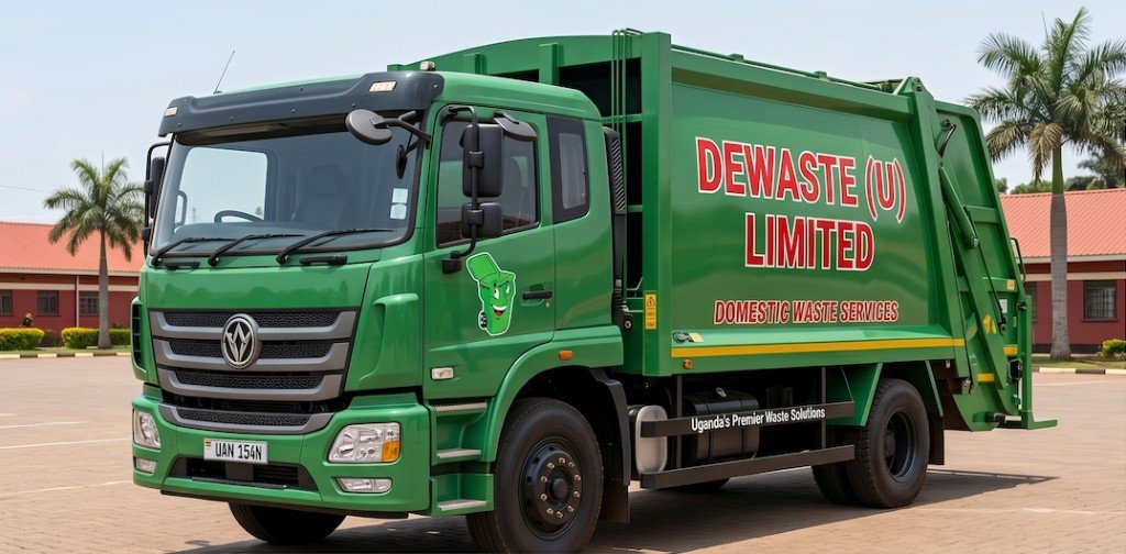 De Waste domestic waste services truck — branded green collection vehicle